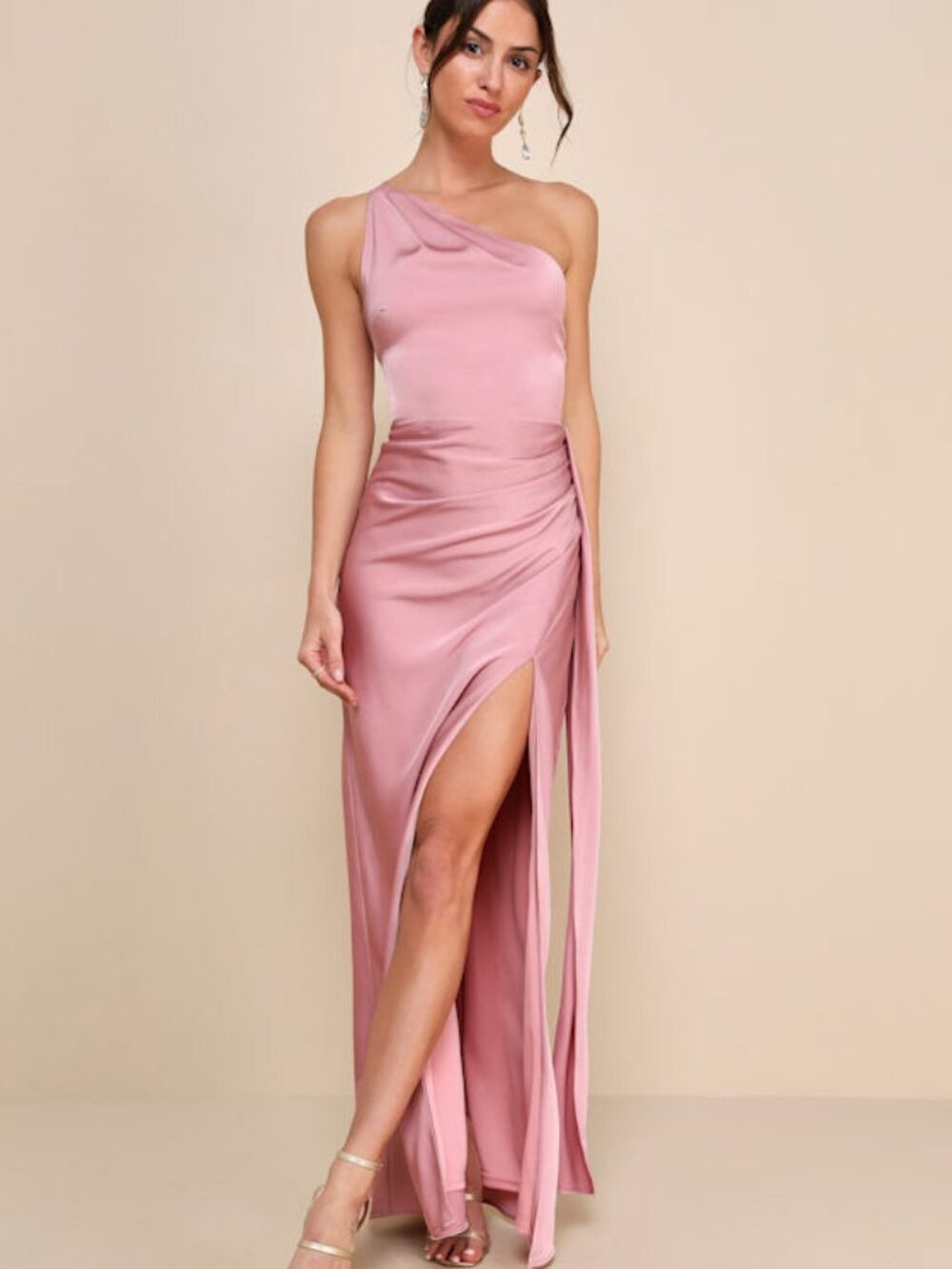 Lulus Signature Elegance Rose Satin One-shoulder Maxi Dress Pink - Size M
